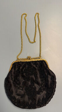 Black Satin Beaded Evening Cocktail Clutch Purse With Chain Strap 6.5"X6"